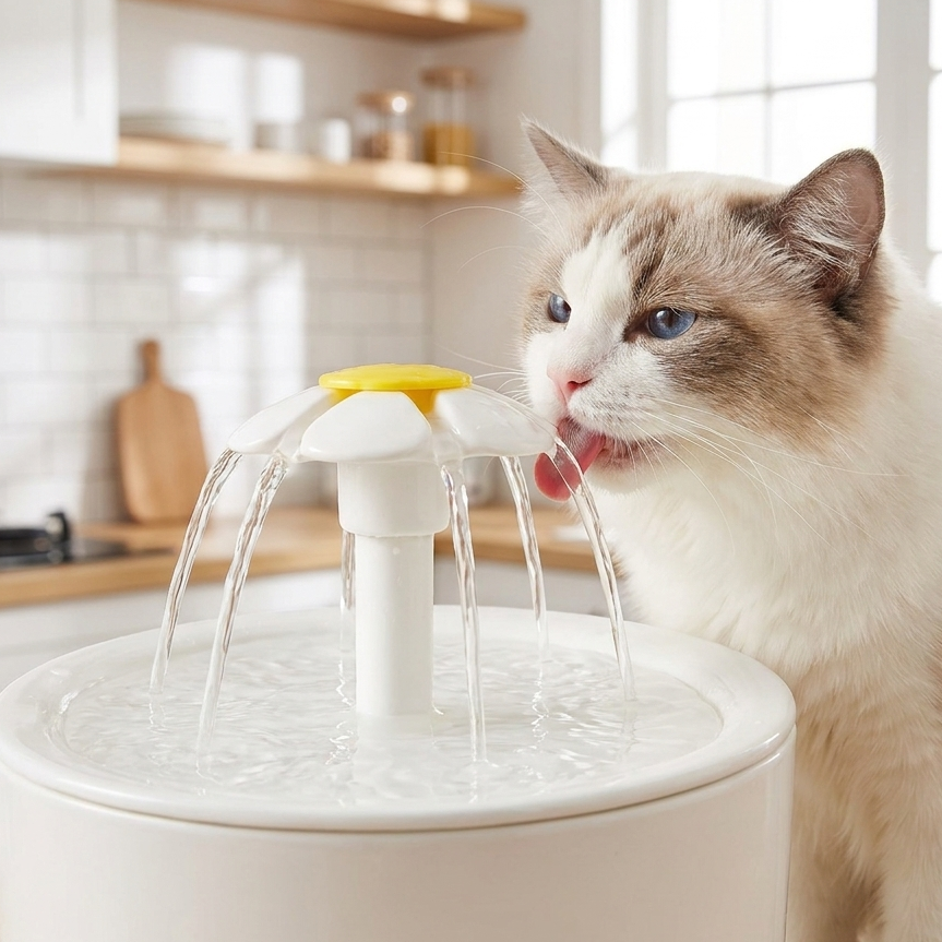 Hero close-up of cat water fountain bowl with cat drinking lifestyle