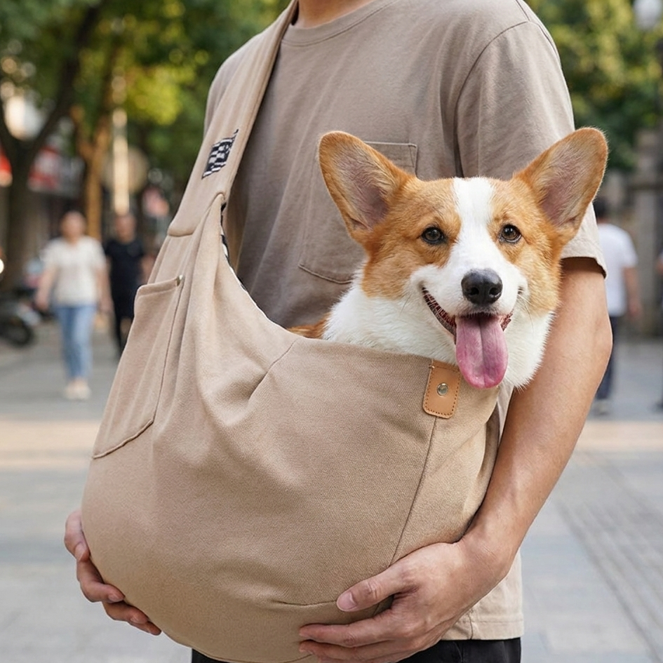 Hero close-up of pet crossbody sling carrier bag with small dog peeking out outdoors