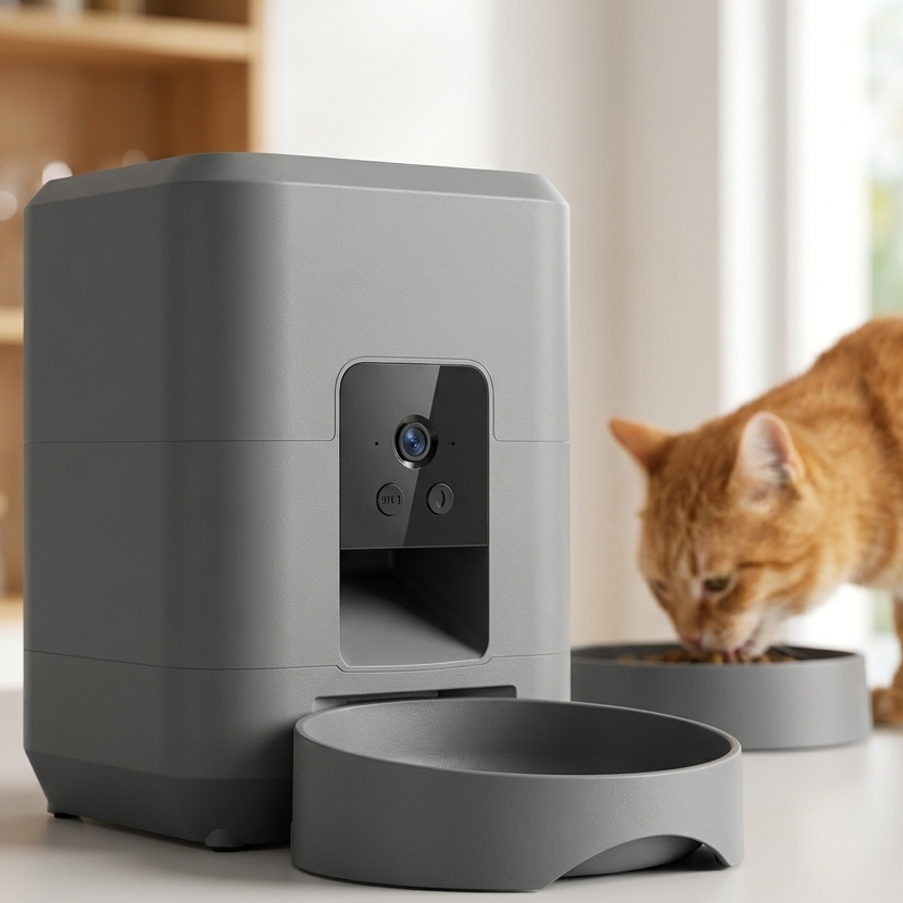 Hero close-up of smart Wi-Fi automatic pet feeder with camera and cat eating