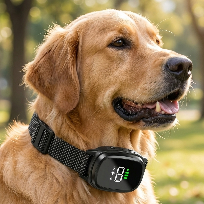 Hero close-up of ultrasonic anti-bark dog training collar fitted on dog outdoors