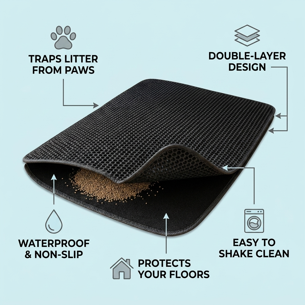 Cat Litter Trapping Mat feature infographic