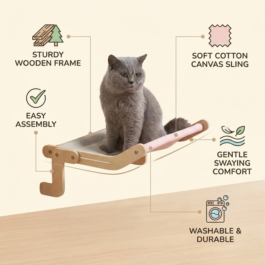 Wooden Cat Hammock Hanging Bed feature infographic