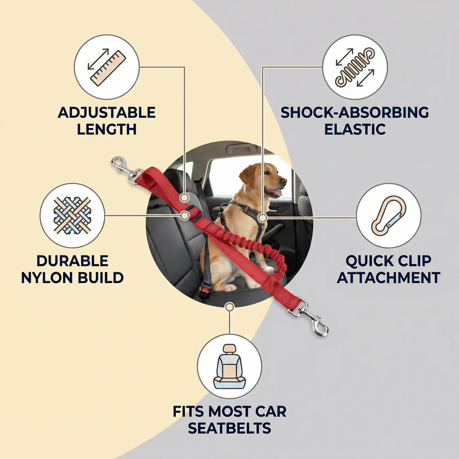 Adjustable Reflective Dog Car Seat Belt Leash feature infographic