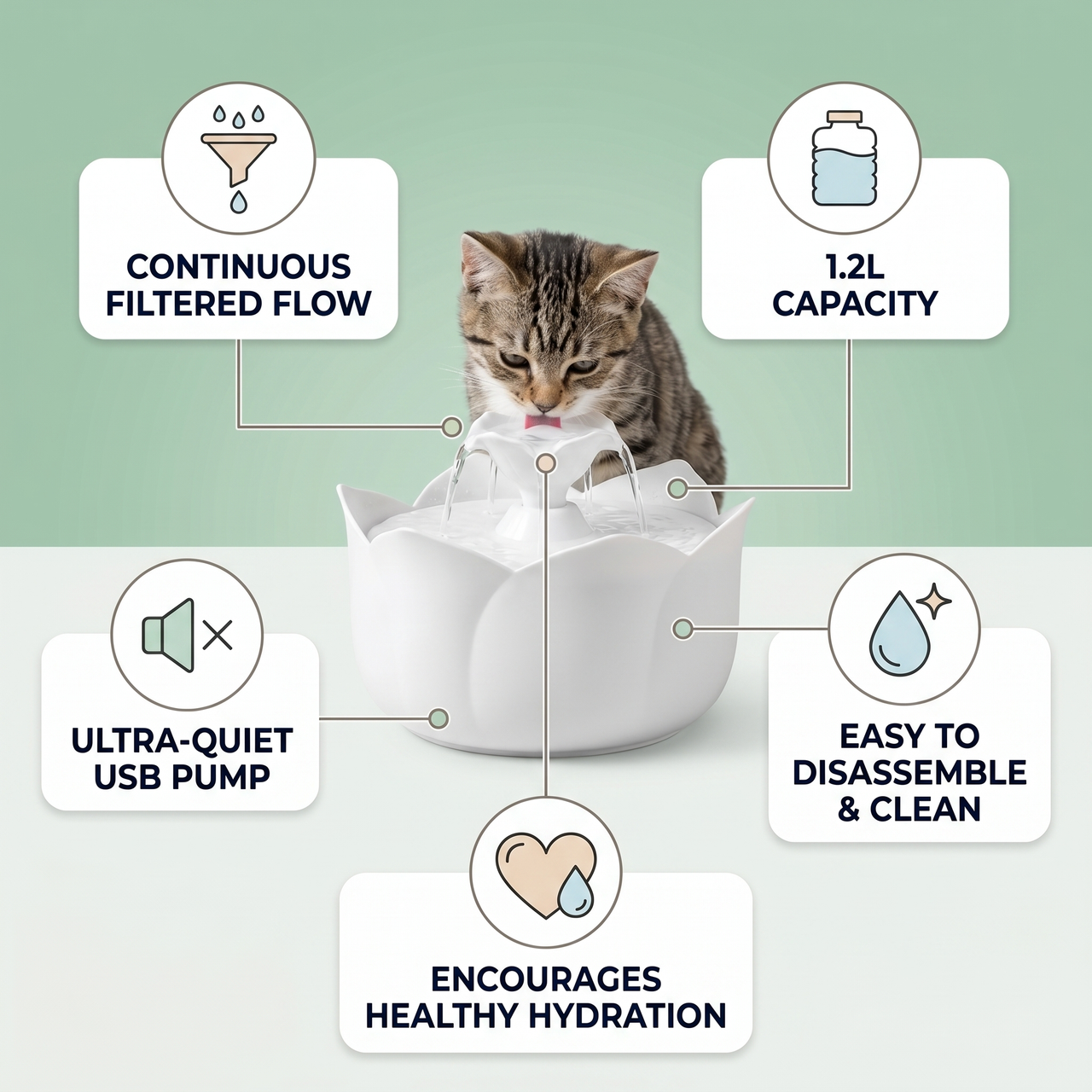 USB Electric Cat Water Fountain feature infographic