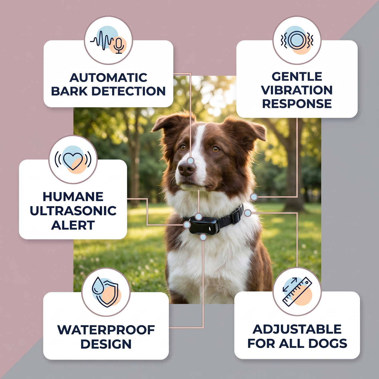 Waterproof Ultrasonic Anti-Bark Collar feature infographic