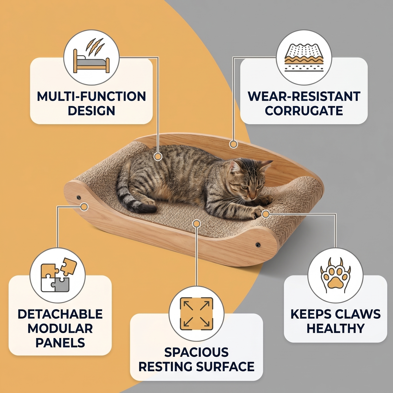 Detachable Wooden Cat Scratch Board and Sleeping Bed feature infographic