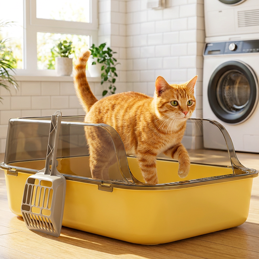 Semi-Enclosed Cat Litter Box, Gray