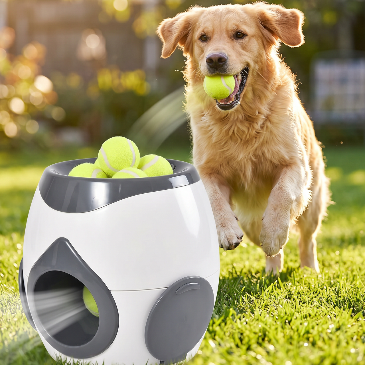 Dog catching a ball launched from the 2-in-1 automatic ball launcher outdoors