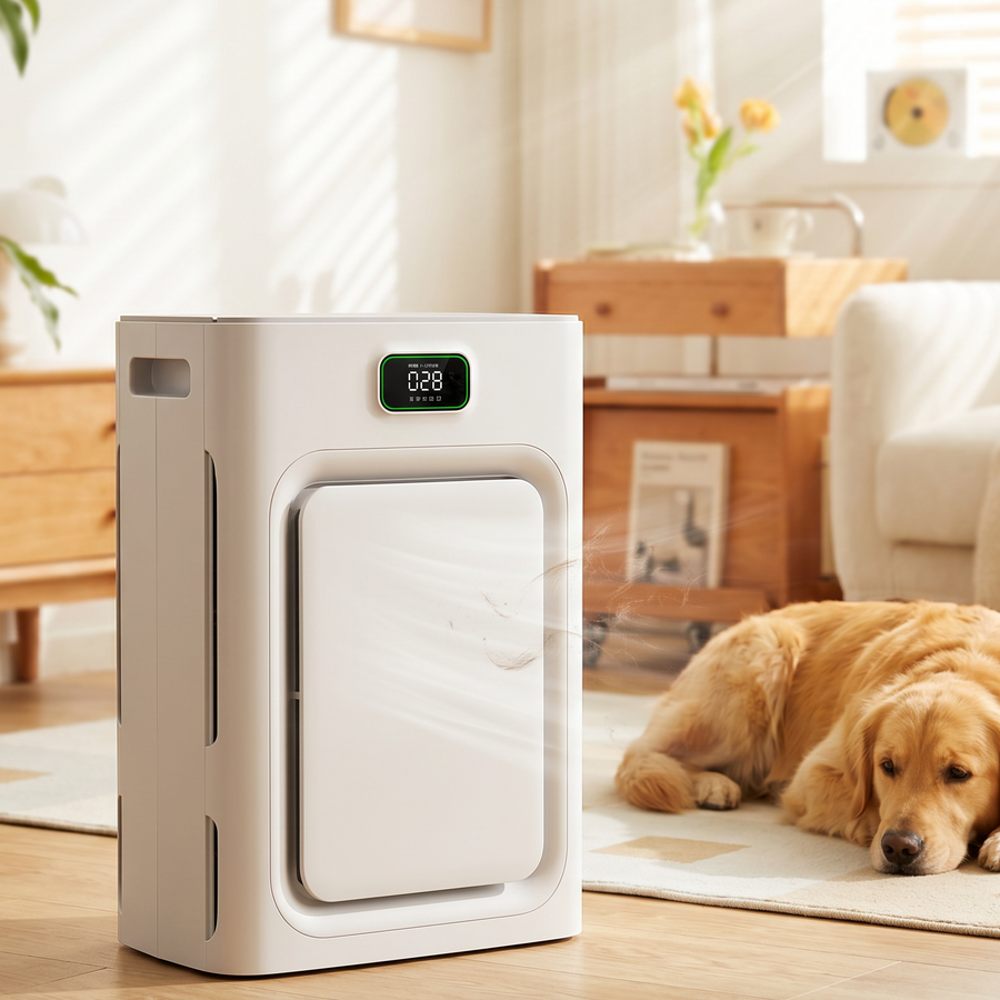 Pet air purifier in use in a bright sunlit living room
