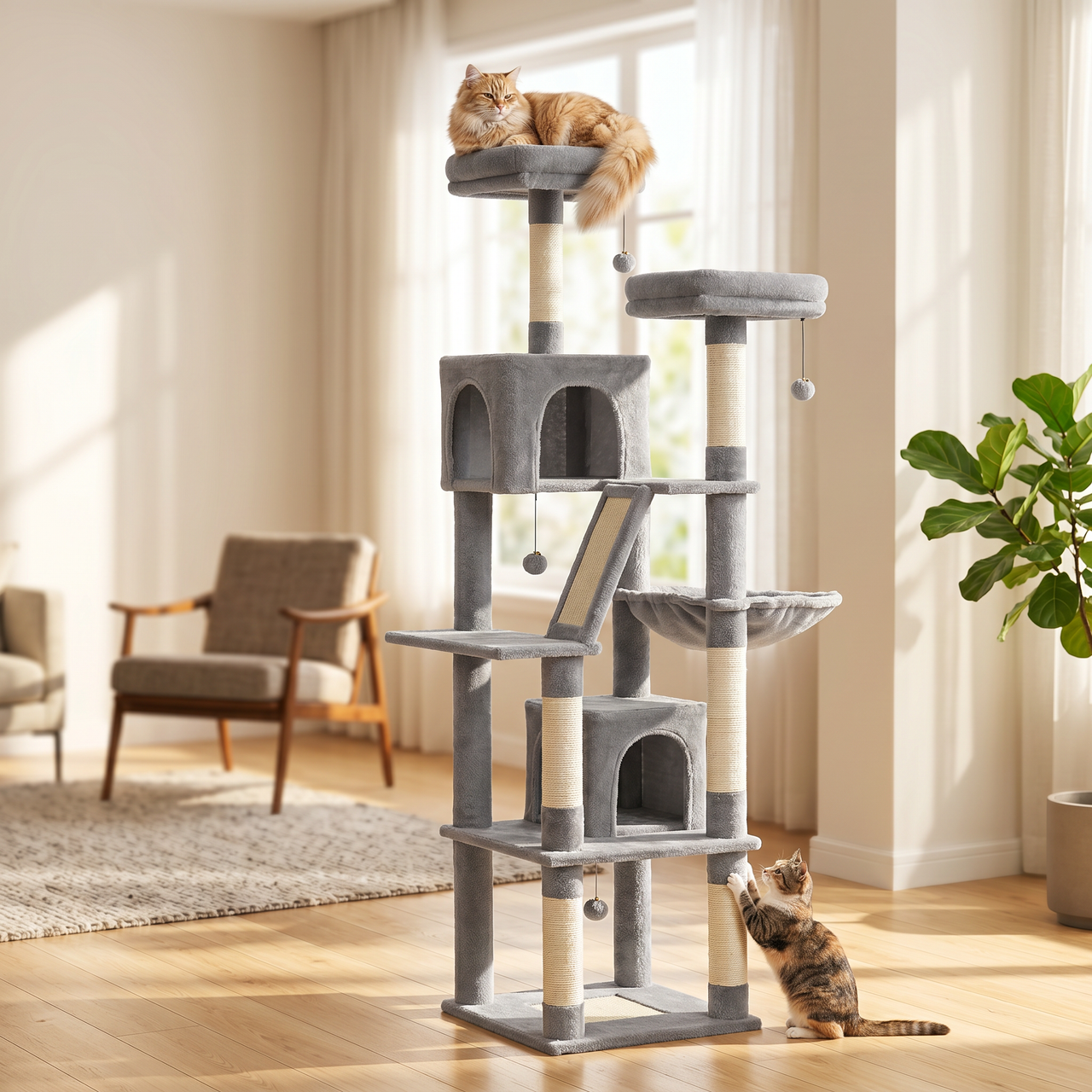 Cats playing on the large multi-level cat tree in a sunlit living room