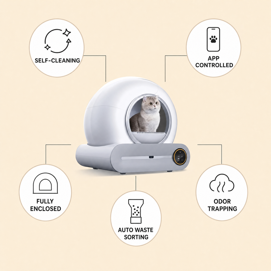 AutoClean Pro Litter Box feature infographic: self-cleaning, app controlled, fully enclosed, odor trapping, auto waste sorting