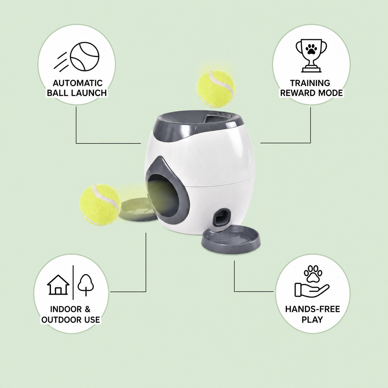 AutoFetch Ball Launcher feature infographic: automatic ball launch, training reward mode, indoor and outdoor use, hands-free play