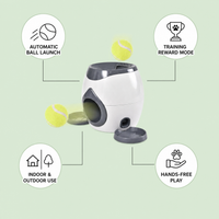AutoFetch Ball Launcher feature infographic: automatic ball launch, training reward mode, indoor and outdoor use, hands-free play