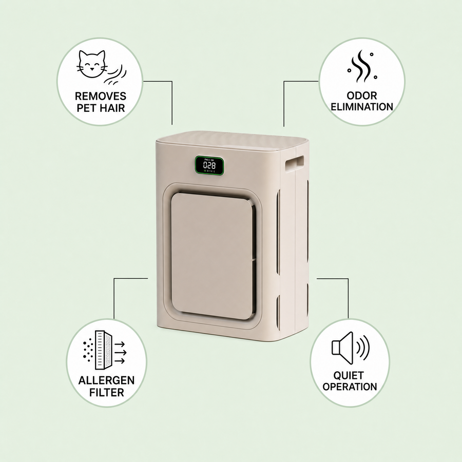 Philogeo Pet Air Purifier feature infographic: removes pet hair, odor elimination, allergen filter, quiet operation