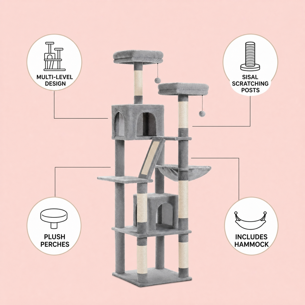 SkyTower Cat Tree feature infographic: multi-level design, sisal scratching posts, plush perches, includes hammock