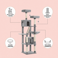 SkyTower Cat Tree feature infographic: multi-level design, sisal scratching posts, plush perches, includes hammock